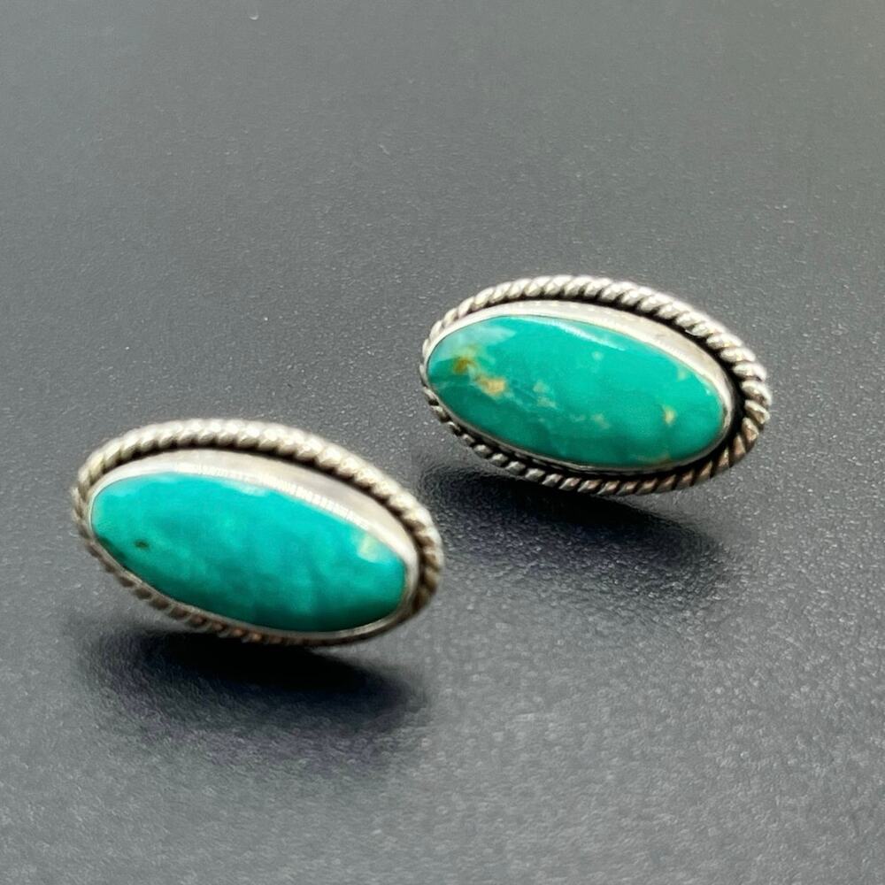 Signed Sterling Silver Turquoise Oval Rope Bezel Post Stud Earrings 17mm